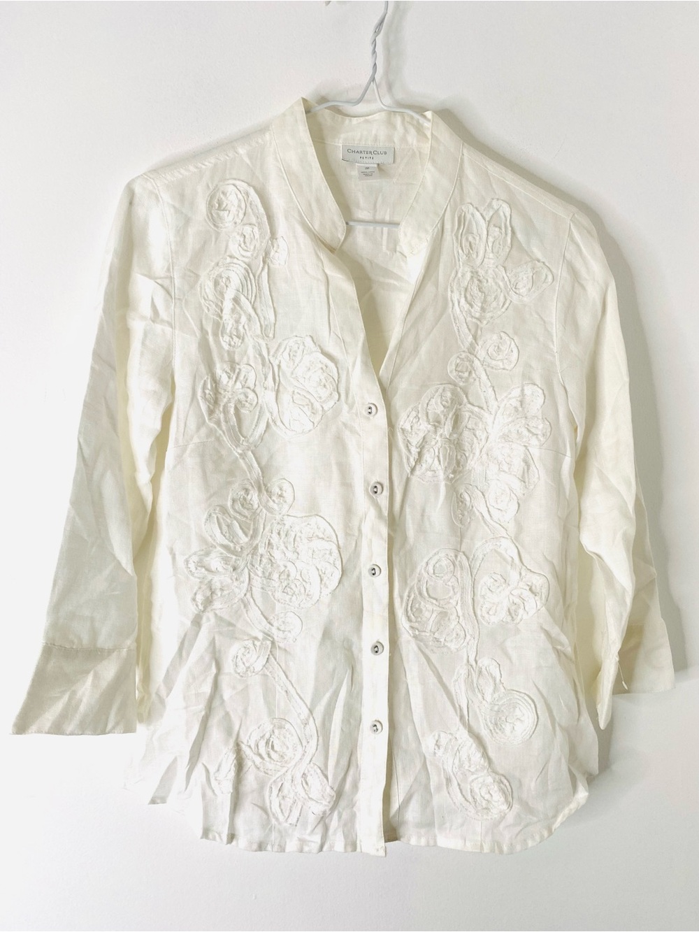 Charter Club Petite White Linen Floral Appliqué Button Front Shirt 100% Linen